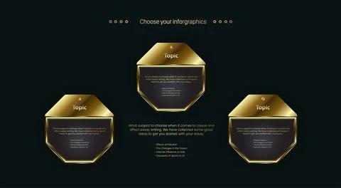 Three golden polygon shape buttons design and the premium options chart for l Stock Illustration