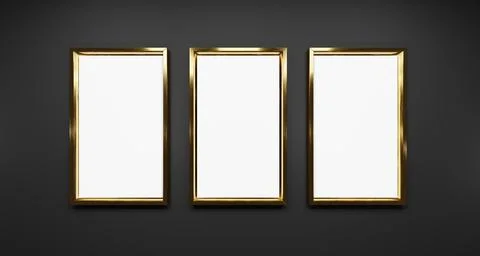 Three golden rectangle frames isolated on black background. 3D render. 3D Stock Illustration