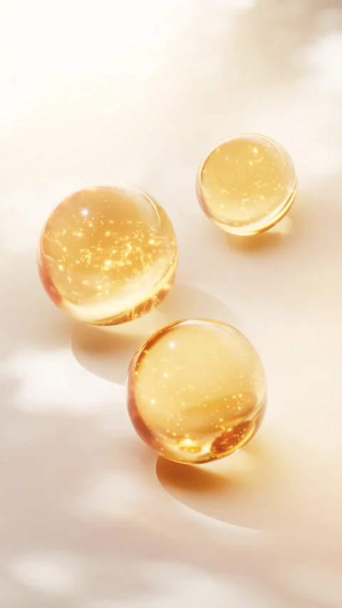 Three golden spheres with glitter inside move slightly on a white surface w.. Stock Footage 327342906