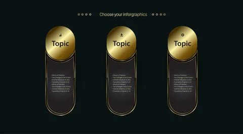 Three golden Steps buttons web design on dark background, 3 premium Chart Inf Stock Illustration