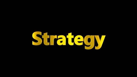 Three golden strategy text labels rotating slowly against a solid black Stock Footage 344714382