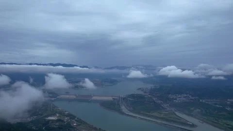 Three Gorges Dam and Xiling Gorge Majestic River Landscapes Aerial Aerial Stock Footage 320670888