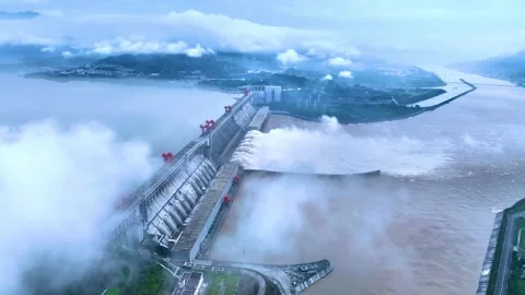 Three Gorges Dam Flood Discharge Drone 4K Stock Footage 335567666