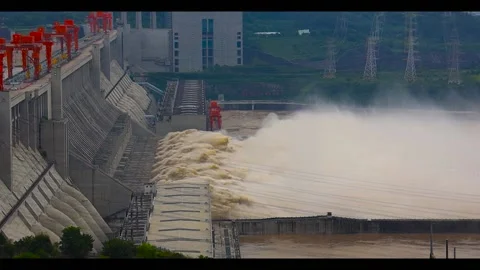 The Three Gorges Dam opens its gates for flood discharge in Yichang, China Stock Footage 254348602