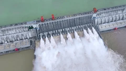 Three Gorges Dam Spillway Eruption Aerial 4K Video stock 335567668