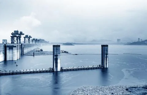 The Three Gorges Dam at Yangtze River in China at evening time Stock Photos