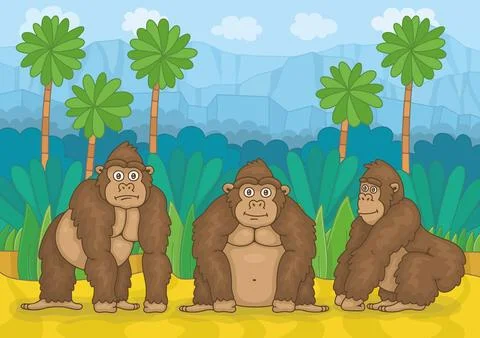 Three gorillas in jungle Stock Illustration