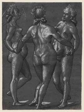The Three Graces (recto); Four putti engaging in various activities (verso).. 스톡 사진