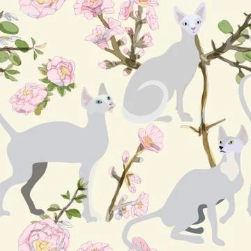 Three gray siamese or sphinx cats in sakura flowers on a light background sea Stock Illustration