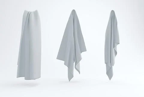 Three Gray Suspended Towels on a White Studio Background. 3D render. Stock Illustration