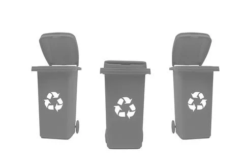 Three gray trash cans isolated on a white background. Stock Photos