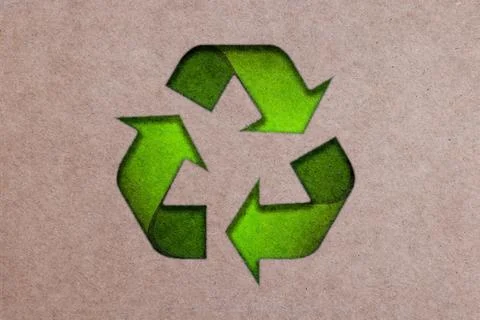 The three green arrows going in a triangle, international recycle symbol on Brow 스톡 사진