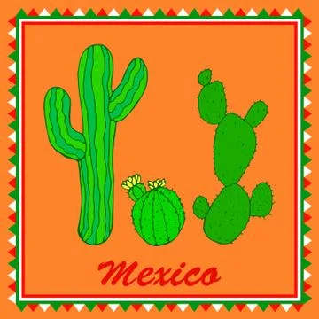 Three green cactuses on orange background. Isolated colorful sty Stock Illustration