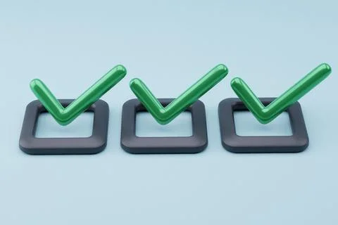 Three green checkmarks in boxes on blue background, success concept Stock Illustration