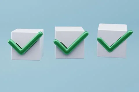 Three Green Checkmarks on Cubes, Blue Background, Success Stock Illustration