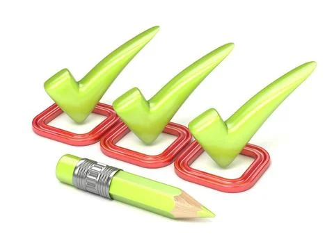 Three green correct check mark in red square. 3D Three green correct check... Stock Photos