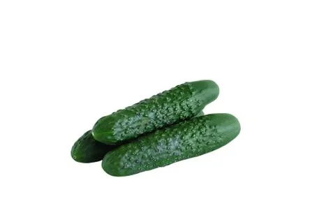 Three green cucumbers. Close-up. White isolate Stock Photos