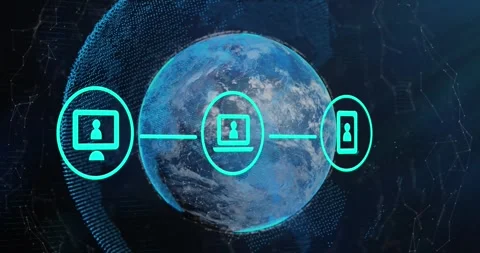 Three green digital icons with a computer interface on a glowing blue background Stock Footage 326765040