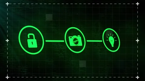 Three green digital icons with computer interface on glowing green background Stock Footage 327447599