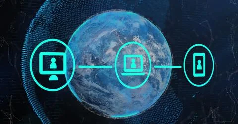 Three green digital icons with a computer interface on a glowing blue background Stock Photos