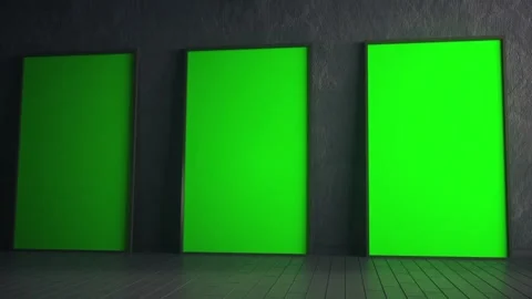 Three Green Screen Poster Frames in Modern Dark Interior Mockup Stock Footage 346073488