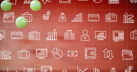 Three green spheres floating over red grid at left, highlighting white finance Stock Footage 328589278