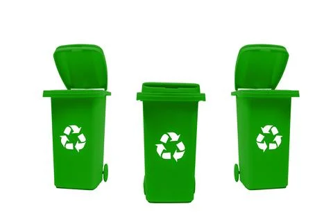 Three green trash cans isolated on a white background. Stock Photos