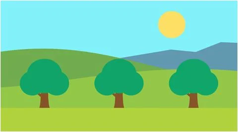 Three green trees in grassy field under bright sun with landscape, environmen Ilustração Stock