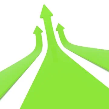 Three green upswing arrows on a white background, conceptual 3d render image Illustrazione stock