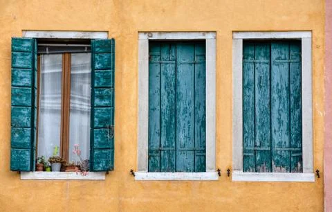 Three Green Windows of Venice Stock Photos