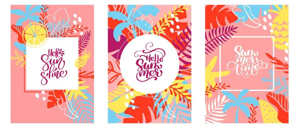 Three greeting cards with Text Hello Sunshine, Hello Summer and Summer Time in Stock Illustration