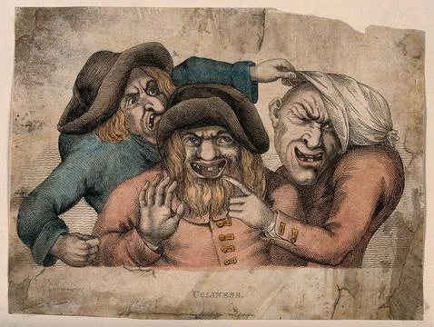 Three grotesque old men with missing teeth pointing and grimacing at each o.. 스톡 일러스트