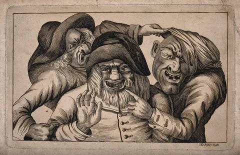 Three grotesque old men with missing teeth grimacing and pointing at each o.. 스톡 일러스트
