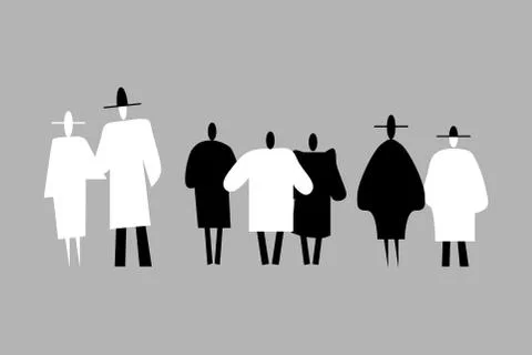 Three groups of black and white people silhouettes Stock Illustration