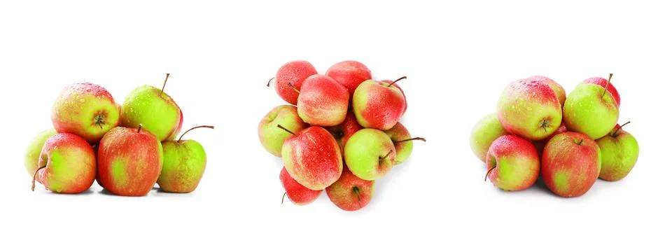Three groups of fresh red and green apples with water drops isolated on a w.. Stock Photos