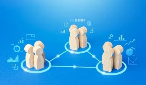 Three groups of people are connected by lines. Coordination and knowledge sha Stock Photos