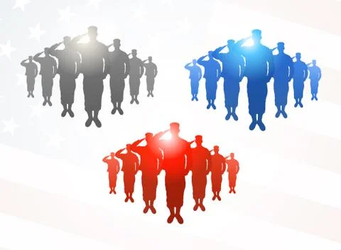 Three  groups of saluting soldiers in grey, blue and red colors on american f Stock Illustration