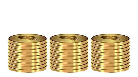 Three growing stacks of gold bitcoin coins on a white background. 스톡 동영상 148370710