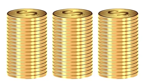 Three growing stacks of gold dollar coins on a white background. 스톡 동영상 148383751