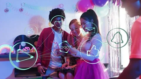 Three guests clustering around phone, tapping and scrolling, causing social Stock Footage 333837947