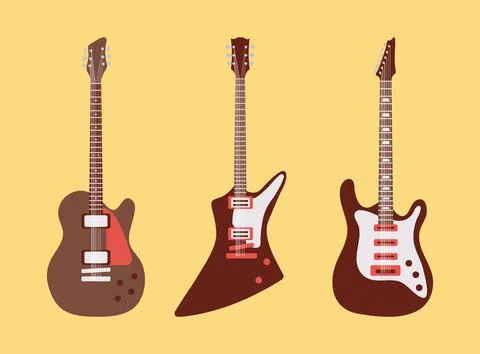 Three guitars instruments musicals set icons in yellow background Stock Illustration