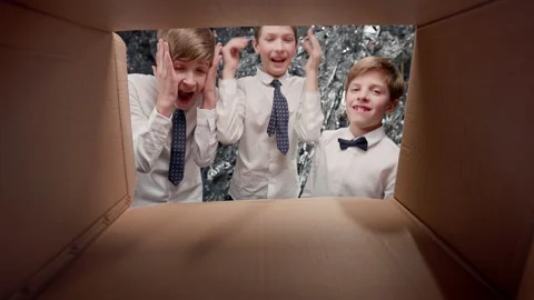 Three Guys Open Box. They Rejoice. Look From Middle Of Box. Stock Footage 182021385