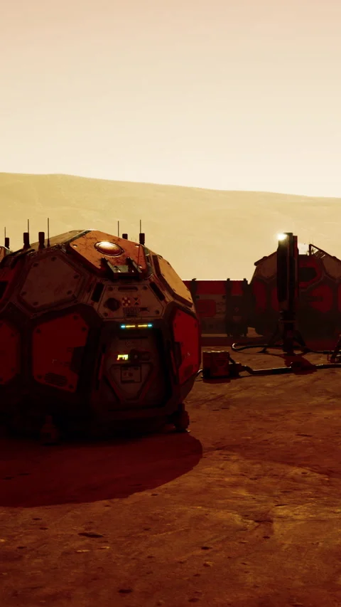 Three habitat structures rest on the surface of Mars Stock Footage 341058696
