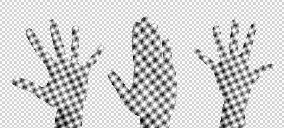 Three halftone dotted open hands raised for community collage and greeting .. Stock Illustration