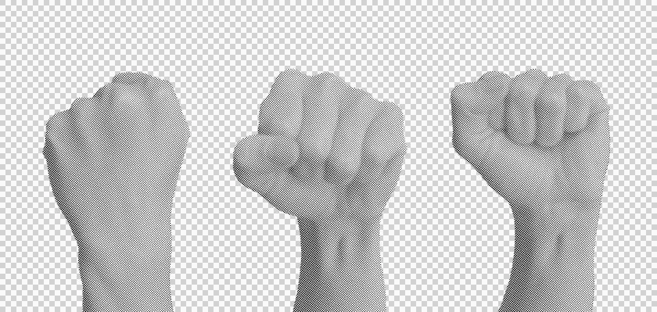 Three halftone dotted raised fists for solidarity and protest campaign coll.. Stock Illustration