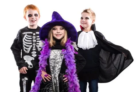 Three halloween characters: witch, skeleton, vampire. Studio portrait Foto stock