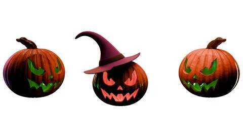 Three Halloween pumpkins with witch hat isolated on white background Stock Illustration
