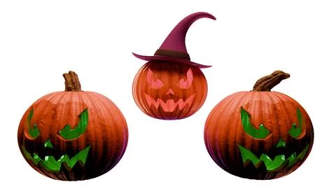 Three Halloween pumpkins with witch hat isolated on white Stock Illustration