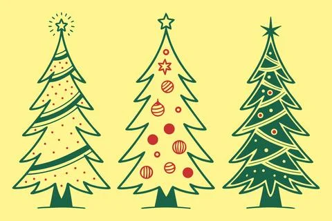 Three hand drawn christmas trees with ornaments and stars 스톡 일러스트