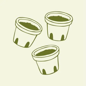 Three hand drawn seedling pots with soil. Gardening containers for planting Stock Illustration